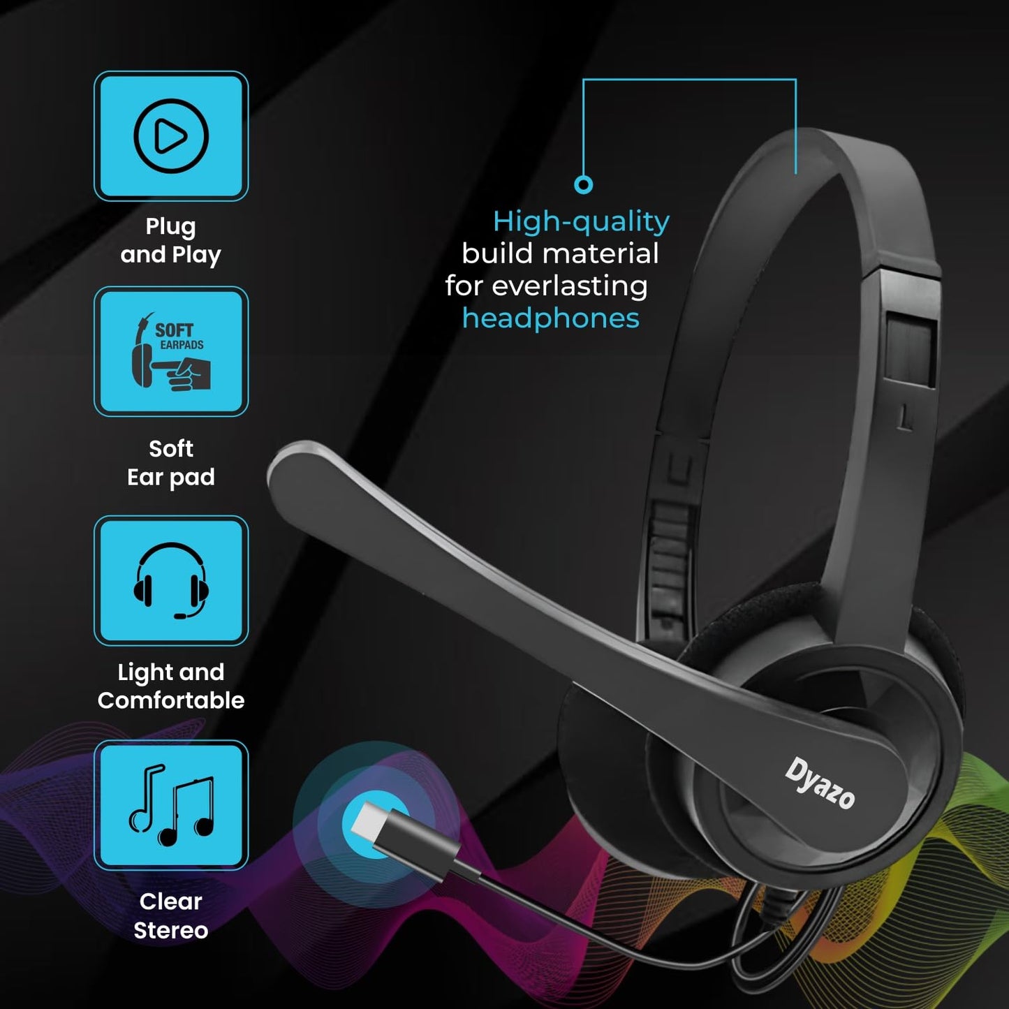 Dyazo Type C Wired Headphones with Mic | Lightweight On Ear Headset Compatible for PC, Mobile Phones, Laptop & MacBook | Comfortable Fit | Ideal for Office, Calls & Online Meetings (Black)