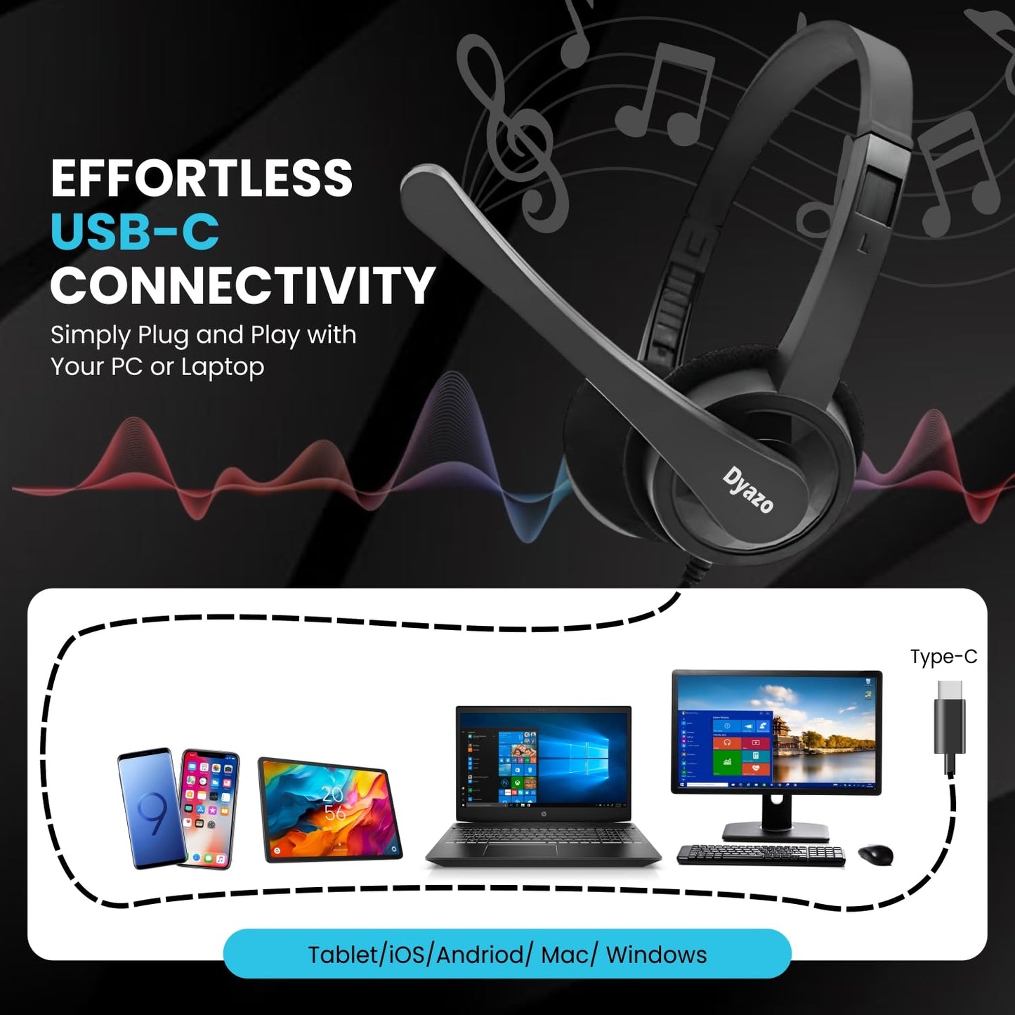Dyazo Type C Wired Headphones with Mic | Lightweight On Ear Headset Compatible for PC, Mobile Phones, Laptop & MacBook | Comfortable Fit | Ideal for Office, Calls & Online Meetings (Black)