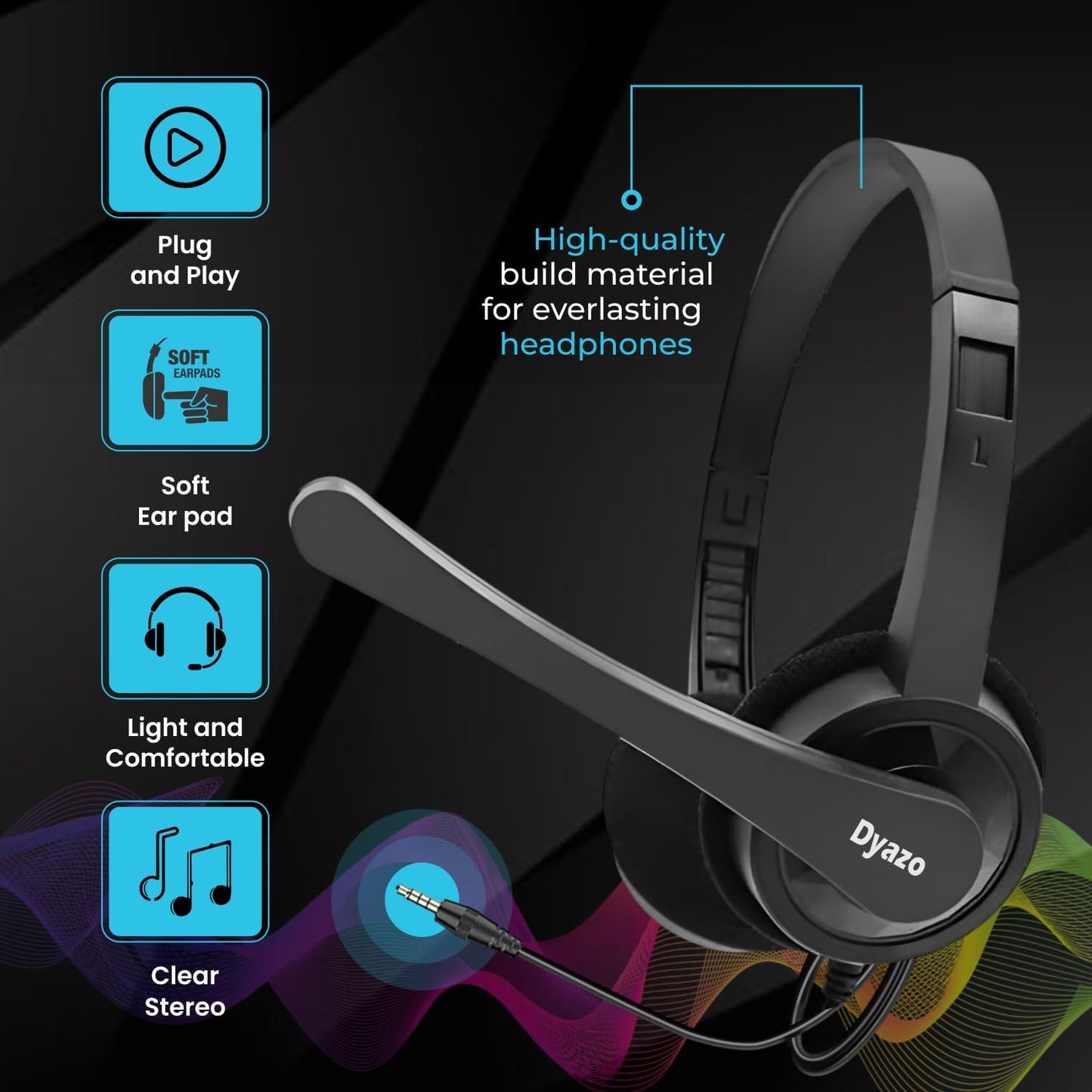 Dyazo Type C Wired Headphones with Mic | Lightweight On Ear Headset Compatible for PC, Mobile Phones, Laptop & MacBook | Comfortable Fit | Ideal for Office, Calls & Online Meetings (Black)