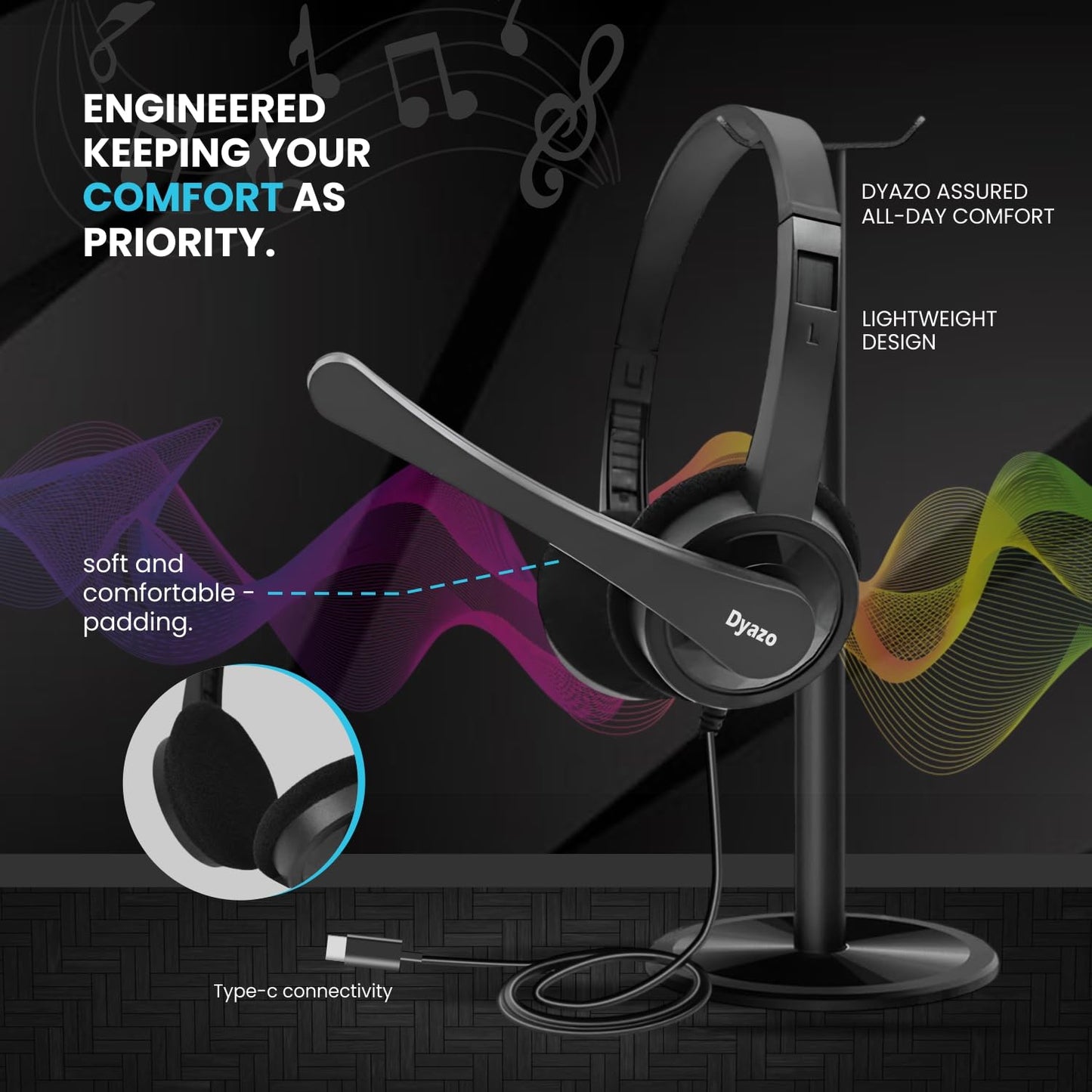 Dyazo Type C Wired Headphones with Mic | Lightweight On Ear Headset Compatible for PC, Mobile Phones, Laptop & MacBook | Comfortable Fit | Ideal for Office, Calls & Online Meetings (Black)