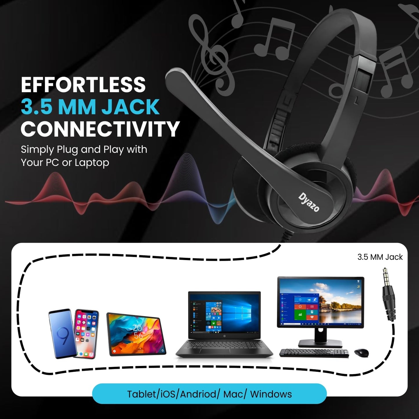 Dyazo Type C Wired Headphones with Mic | Lightweight On Ear Headset Compatible for PC, Mobile Phones, Laptop & MacBook | Comfortable Fit | Ideal for Office, Calls & Online Meetings (Black)